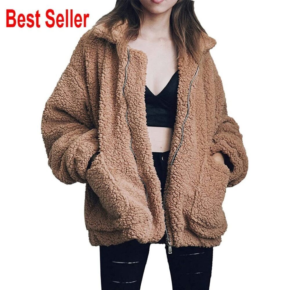 Oversized Faux Shearling Jacket Cozy Fleece Lined Winter Coat Boyfriend Style